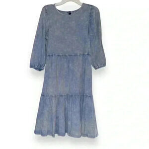 Vylette Babydoll 3/4 Puff Sleeve Tiered Blue Dress, size S
